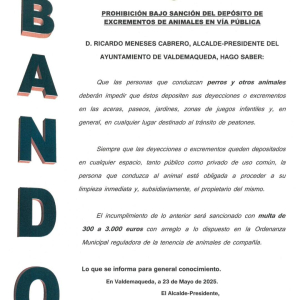 Bando: prohibición mediante sanción del depósito de excrementos de animales en vía pública